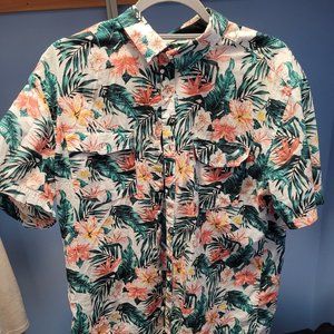 Hawaii Floral Button Front Shirt White/Green/Pink - Size L. 100% Cotton!